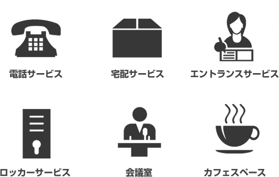 電話サービス、宅配サービス、エントランスサービス、ロッカーサービス、会議室、カフェスペース